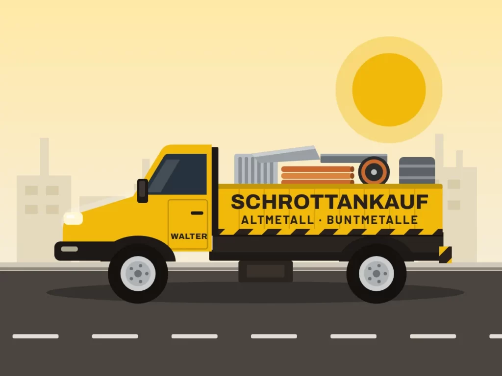 Illustration eines gelben Lkw mit Pritsche und Altmetall-Ladung, beschriftet mit Schrottankauf Walter